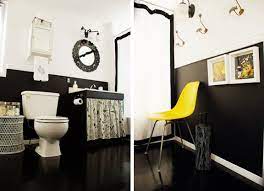 A whimsical wall covering is sprightly with natural touches and a deep wood a black and yellow bathroom offers an inspiring new view. Pin On Home Bathroom Ideas Yellow Black White