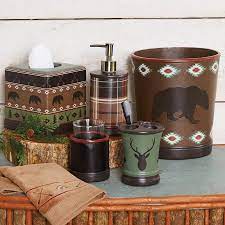 Animal black bear shower curtain, rustic cabin wildlife bathroom accessories. Native Wildlife Bath Accessories