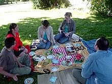 A meal eaten outdoors, as on an excursion. Picknick Wiktionary