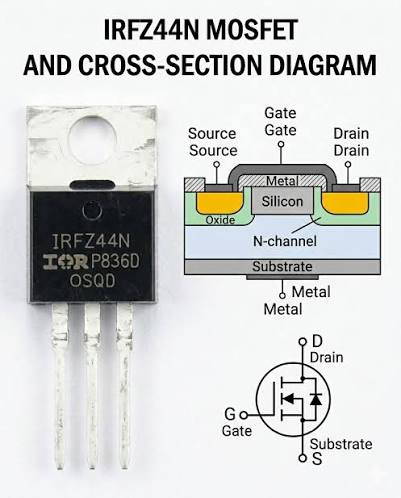 The IRFZ44N is a highly popular N-channel power MOSFET, widely recognized  for its high current handling and low on-resistance. This detailed visual  breakdown captures the component's physical package