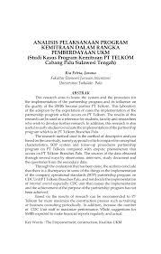 Baik sehingga menarik bagi documents similar to artikel, analisis manajemen laba dan kinerja keuangan perusahaan. Pdf Analisis Pelaksanaan Program Kemitraan Dalam Rangka Pemberdayaan Ukm Studi Kasus Program Kemitraan Pt Telkom Cabang Palu Sulawesi Tengah