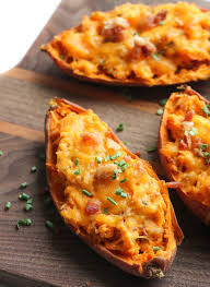 Twice Baked Bacon And Chive Sweet Potatoes Recipe Twice Baked Sweet Potatoes Baked Bacon Sweet Potato Recipes