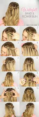 Waterfall Braid And Flower Bun Hair Styles Long Hair Styles Easy Hairstyles
