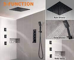 Modern Square Ceiling Mount Rain Shower System With Hand Shower Body Spray Jets 3 Function Shower Valve In Matte Black In 2020 Rain Shower System Shower Systems Shower Valve