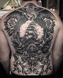 Black American Traditional Tattoo Eagle Tattoo By Juddbowman Back Piece Ship Eagle Traditional Black Blackwork Tattoo Los Angeles Judd Bowman Back Tattoo Back Piece Tattoo Traditional Back Tattoo