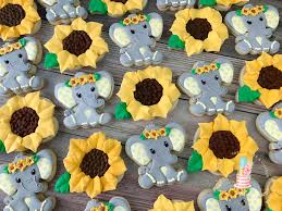 Baby Shower Elephant And Sunflower Cookies Sunflower Baby Showers Elephant Baby Shower Boy Baby Shower Fall