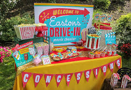 Movie Theater Birthday Party Favor Ideas Easton S Retro Drive In Movie Party Just Add Confetti Outdoor Movie Birthday Movie Birthday Party Birthday Movie Night