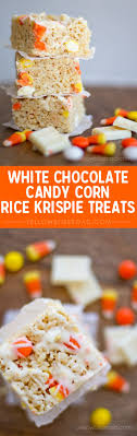 White Chocolate Candy Corn Rice Krispie Treats Perfect Fall Or Halloween Treat Halloween Pu Friandises Au Rice Krispies Carre Rice Krispies Rice Krispies
