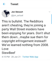 Jon stewart joined twitter on thursday and backed the redditors who shook up wall street by purchasing stock in struggling companies like gamestop. Jon Stewart Joined Twitter For This Album On Imgur