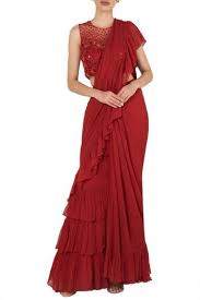 Arpita Mehta Featuring A Red Pre Stitched Saree In Georgette Base With Ruffle Tiered Detailing It Is Paired With A Net Blou Stylish Sarees Sari Dress Fashion 750 x 750 jpeg 77 кб. pre stitched saree