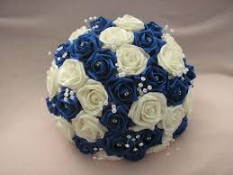 Wedding bouquet artificial flowers and removable handle, white & gold, 9 x 12 in. Artificial Flowers Royal Blue White Foam Rose Bride Crystal Wedding Bouquet