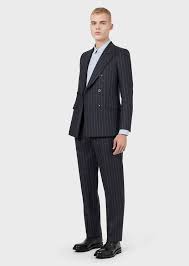 Next day delivery & free returns available. Slim Fit Double Breasted Suit In Striped Virgin Wool Man Emporio Armani