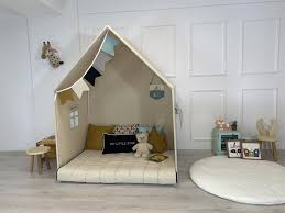 Montessori House Bed Natural Canvas Teepee Playhouse Tent Cotton Play House Montessori Bed Teepee For Boys Small Play Cottage Teepee In 2020 House Beds Play Houses Reading Nook Tent