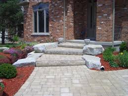 Colour banding, front entrance, front porch steps & landing redo, remodel, steps renovation. Ross Yantzi S Pavestone Plus Limited Front House Landscaping Landscaping Entryway Front Yard Landscaping
