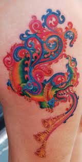 A Trippy Tattoo Design Of A Tribal Dragon With Bells On Its Tongues Psychedelic Colors Psychedelic Tattoos Music Tattoos Cute Tattoos