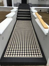 Black And White Patio Floor Victorian Steps Mosaic Tiles Black White Terrace House Exterior Porch Tile Tile Steps