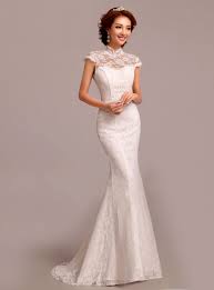 Cap Sleeve Mandarin Collar White Lace Mermaid Long Bridal Wedding Dress Trumpet Chinese Style Chinese Style Wedding Dress Wedding Dresses Chinese Wedding Dress