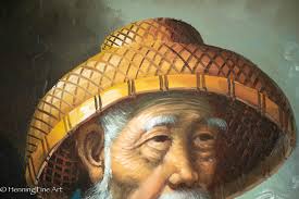 Beautiful Vintage Oil Painting Japanese Chinese Portrait Man Smoking Signed  FINE