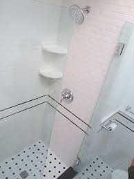 Black And White Tile Bathroom Shower Pin By Kim Hogue On Bathroom Ideas White Bathroom Tiles White Subway Tile Bathroom White Subway Tile Shower