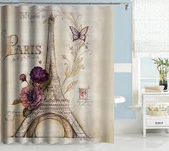 Uphome Vintage Paris Themed Bluish Brown Eiffel Tower Bathroom Shower Curtain Purple Flower Custom Paris Bathroom Decor Purple Shower Curtain Bathroom Themes