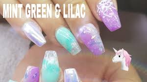 Mint green icrylic nails with white and three diamond rhinestones on the ring finger. Coffin Shape Acrylic Nails Mint Green Holo Rainbow Glitter Youtube