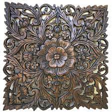 Oriental Hand Carved Wood Wall Plaques Large Square Floral Wood Wall Hangings Carved Wood Wall Decor Carved Wood Wall Art Decorative Thai Wall Relief Panel Carved Wood Wall Art Carved