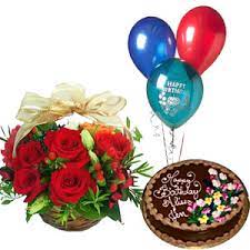 Free online happy birthday dear, cake and balloon ecards on birthday Basket Of 15 Red Roses With 1 Pound Fresh Cream Chocolate Cake And Set Of 3 Pcs Of Full Blown Balloons Myflowergift