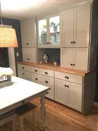 Kitchen Buffet Grey Owl Benjamin Moore Pewter Hardware Shaker Cabinets Butcher Block Counter Butcher Block Countertops Benjamin Moore Kitchen Kitchen Buffet