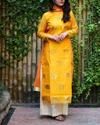 See more ideas about bandhani dress, indian dresses, indian designer wear. Yellow Silk Printed Neemzari Work Salwar Suit Silk Kurti Designs Kurti Designs Designer Dresses Indian