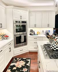 Kitchenaid Double Wall Oven Installed In A Tall Corner Cabinet Ivory White Painted Kitchen With Cherry Flo Kitchen Layout Wall Oven Kitchen Kitchen Design