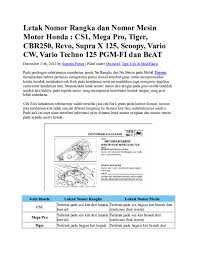 Letak nomor rangka terdapat di bagian besi di bawah jok motor bagian belakang. Doc Letak Nomor Rangka Dan Nomor Mesin Motor Honda Cs1 Mega Pro Tiger Cbr250 Revo Supra X 125 Scoopy Vario Cw Vario Techno 125 Pgm Fi Dan Beat Parlindungan H S Academia Edu