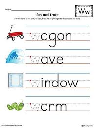 W · wagon · waist · walk · walkingstick · wall · wallaby · wallet · walnut Say And Trace Letter W Beginning Sound Words Worksheet Color Alphabet Writing Practice Sound Words Letter W