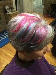 Fun Grey Hair Color With Red And Green Highlights Hair Grey Hair Color Hair Styles