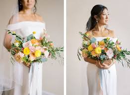 You can always count on a sunny clutch to most florists would agree that matching a yellow clutch to your wedding's other floral elements is pineapple petals studio created this delicate arrangement of light orange roses, greenery, and a. Florida Bride In Classic Sophisticated Off The Shoulder White Wedding Dress With Beaded Veil Holding Romantic Bridal Bouquet With Vibrant Floral Stems Pink Roses Peach Carnations Yellow Flowers Light Blue Ribbon Accent