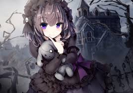 Wear all of december and beyond! Wallpaper 1736x1223 Px Black Dress Black Hair Hair Bows Headdress Old Building Short Hair Teddy Bears Violet Eyes 1736x1223 Goodfon 1183820 Hd Wallpapers Wallhere