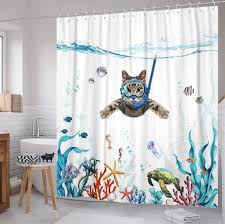 Funny Diving Cat Shower Curtain Sea