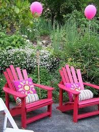 I M Loving The Girly Update To These Adirondack Chairs Looks Like Such A Fun Party They Ll Be Having Pink Adirondack Chairs Pink Lawn Backyard Party
