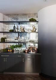Tile club is expanding its offering of mirror tiles. Black Bar With Antiqued Mirrored Subway Tile Backsplash Contemporary Kitchen