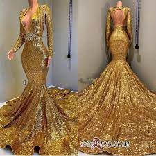Gorgeous Long Sleeve Gold Sequins Prom Dresses 2019 Mermaid Evening Gowns On Sale H Prom Dresses Long With Sleeves African Prom Dresses Backless Prom Dresses