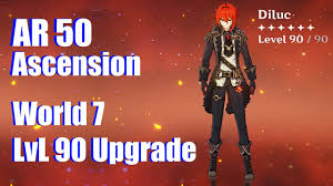 Genshin Impact Ar 50 Ascension Lvl90 Diluc Upgrade World Level 7 Youtube