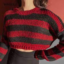 The most common red knitted sweater material is polyester. Yangelo Gothic Red Black Striped Knit Sweater Women Autumn Winter Vintage Short Sweaters High Street Long Sleeve Pullovers Top Pullovers Aliexpress