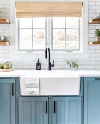 Robin S Egg Blue Kitchen Cabinets With White Farmhouse Sink And Matte Black Kitchen Fauce White Farmhouse Sink Matte Black Kitchen Faucet Black Kitchen Faucets