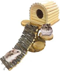Amazon Com Hamiledyi Natural Wooden Hamster Hideout Hut Small Animal Houses Rat Playground Activity Climb Platform W Small Pets Playground Activities Hamster