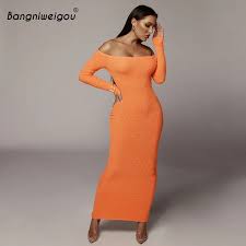 Shop cocktail, midi and maxi dresses. Bangniweigou Autumn Off Shoulder Long Sleeve Knit Maxi Dress Women Solid Neon Orange Elegant Slim Long Dress Casual Basics Dresses Aliexpress