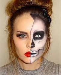 Half of her face is super glam while the other looks like a spooky skeleton. 43 Cool Skeleton Makeup Ideas To Try For Halloween Stayglam Cute Halloween Makeup Halloween Makeup Diy Halloween Skeleton Makeup