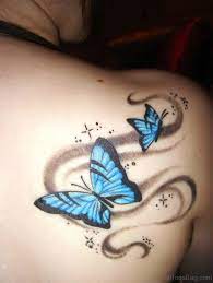 Two Blue Butterfly Tattoo On Right Shoulder Butterfly Tattoo On Shoulder Blue Butterfly Tattoo Butterfly Tattoos For Women