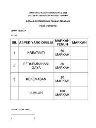 100%(1)100% found this document useful (1 vote). Borang Pertandingan Pakaian Beragam Contoh Borang Pemarkahan Pertandingan Asrama Terbuka Borang Penghakiman Pertandingan Nyanyian Berkumpulan Peserta Keseragaman 25 Nada 25 Kreativiti 25 Lirik 25 1 Pintar 2 Aktif 3 Cekap