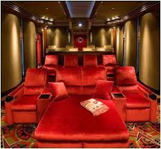 Elegant Home Office Theater Room With Red Velvet Armchairs And Sofa By Decoholic Home Theater Seating Home Theater Rooms Home Theater Design