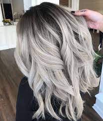 Ice Blonde Grey Wavy Balayage Mid Length Hair Hair Styles Grey Hair Color Long Hair Styles