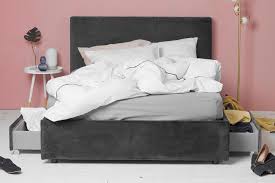 A steely metal frame is a classic yet neutral choice that meshes with everything from industrial to vintage interiors. Grey Velvet Storage Drawer Bed Plain King Yark Beds